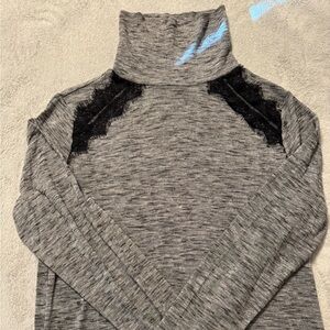 LOFT Gray Long Sleeve Mock Neck Top with Black Lace Detail